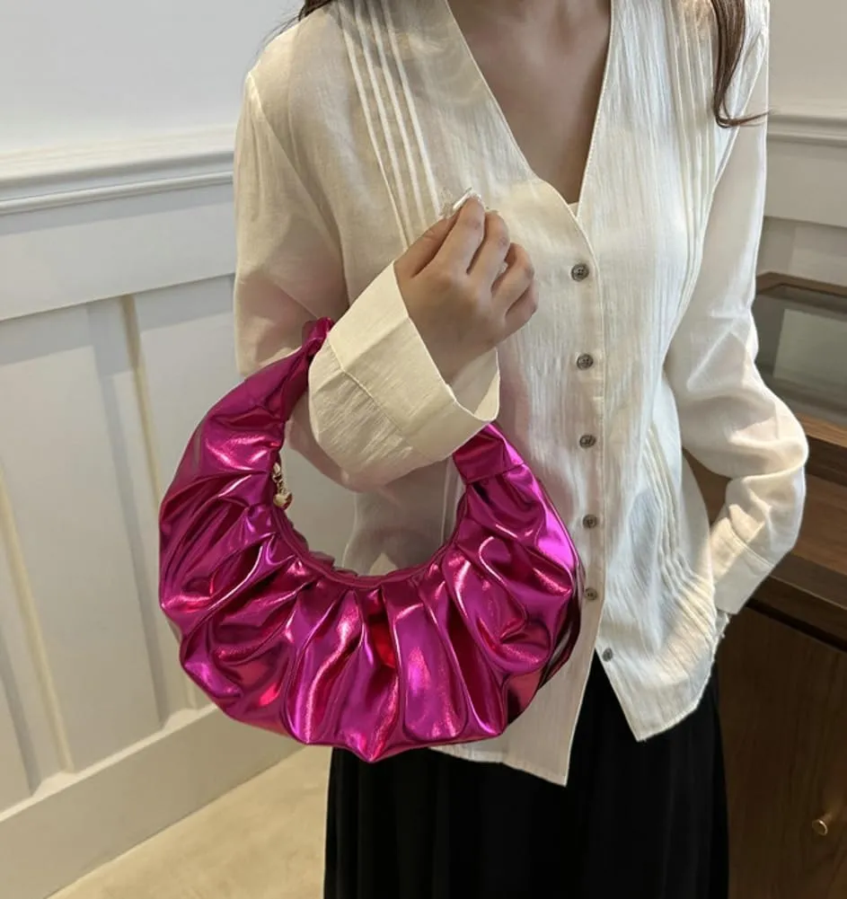 Stylish Metal Bright PU Cloud Bag Pleated Purse Shoulder Bag Elegant Underarm Bag Hobo Clutch Purse Small Tote For Women