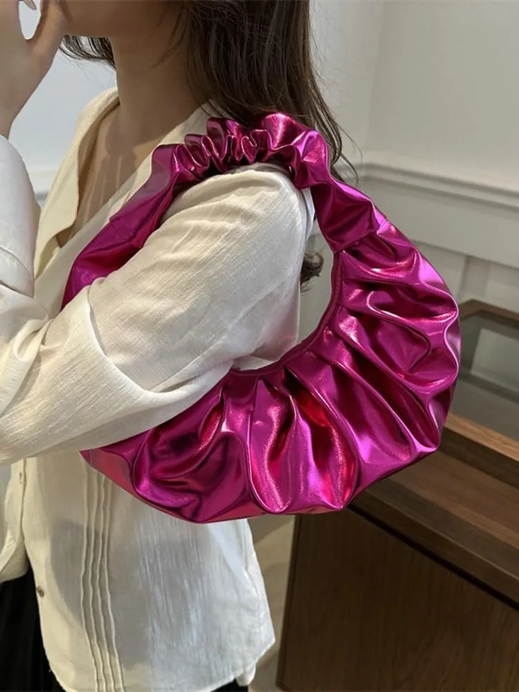 Stylish Metal Bright PU Cloud Bag Pleated Purse Shoulder Bag Elegant Underarm Bag Hobo Clutch Purse Small Tote For Women