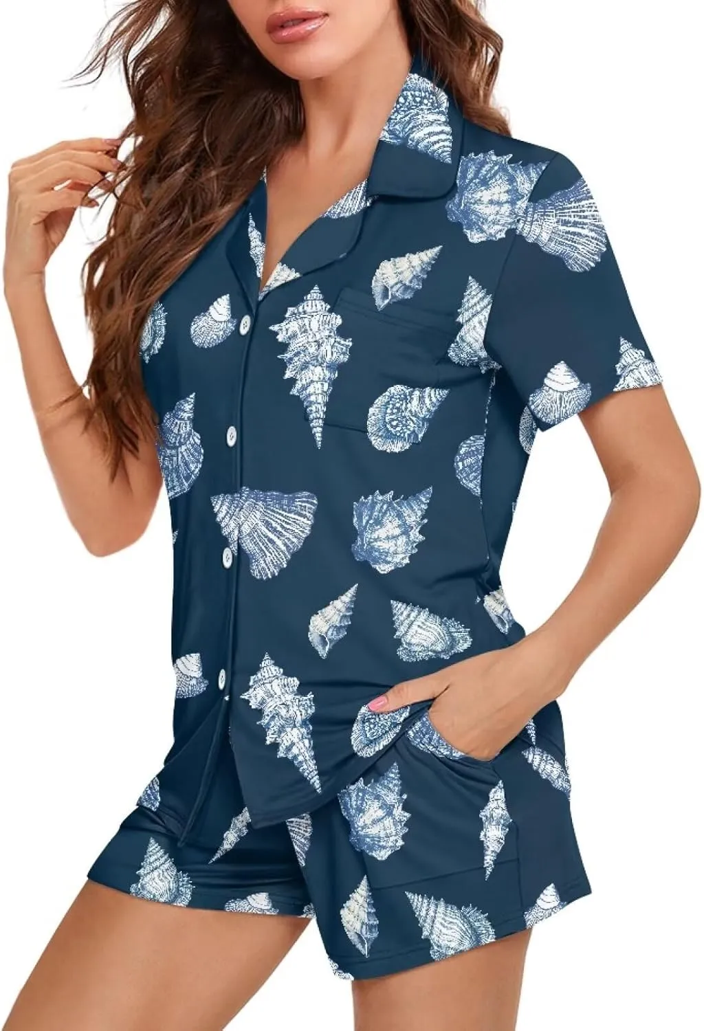 Stylish Pajama Set For Women Button Down Casual Summer Short Sleeve Tops Shorts Sleepwear With Pockets