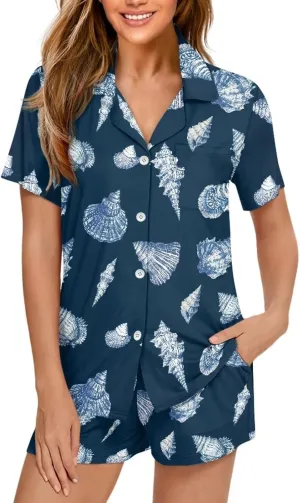 Stylish Pajama Set For Women Button Down Casual Summer Short Sleeve Tops Shorts Sleepwear With Pockets