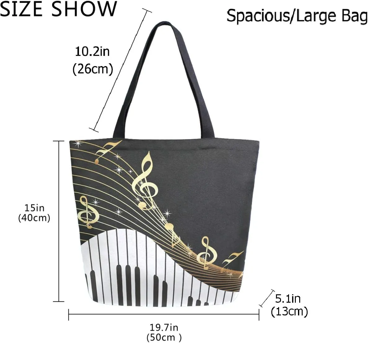 Stylish Piano Keys Musical Notes Extra Large Canvas Beach Travel Reusable Grocery Shopping Tote Bag Foldable Portable Storage HandBags