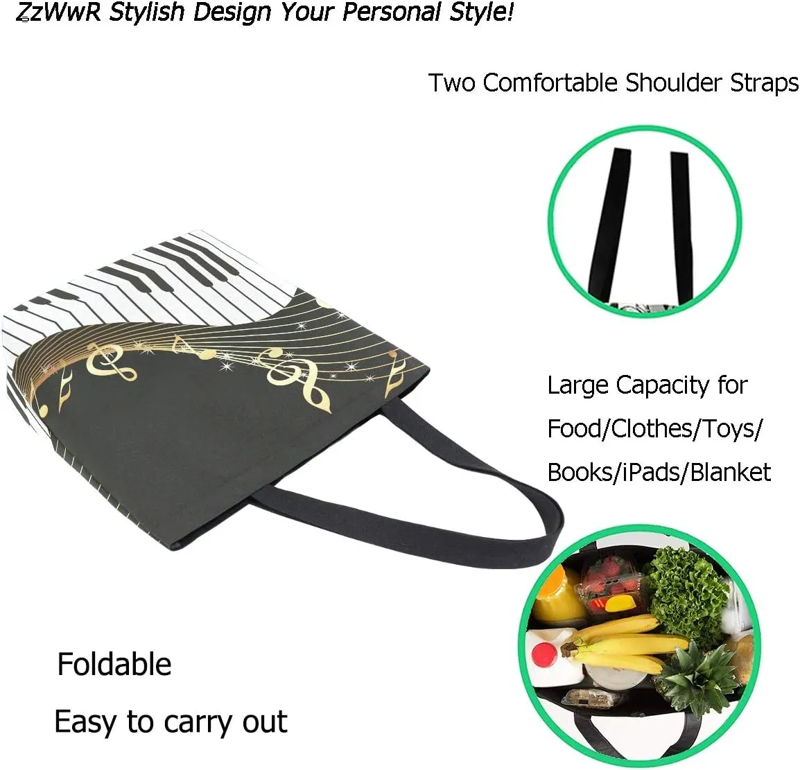 Stylish Piano Keys Musical Notes Extra Large Canvas Beach Travel Reusable Grocery Shopping Tote Bag Foldable Portable Storage HandBags