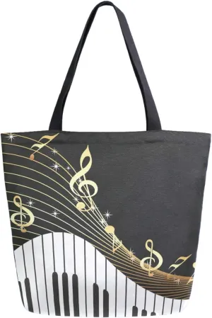 Stylish Piano Keys Musical Notes Extra Large Canvas Beach Travel Reusable Grocery Shopping Tote Bag Foldable Portable Storage HandBags