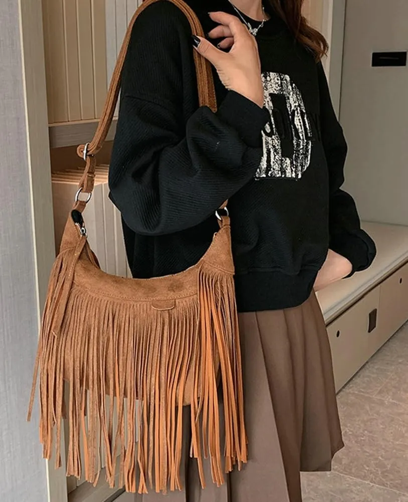 Stylish Suede Hobo Bag for Women Retro Shoulder Bag Large Capacity Tassel Hippie Crossbody Bag with Exquisite Fringe 2024