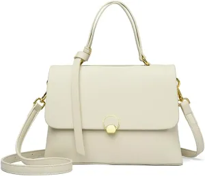 Stylish Top Handle Crossbody Bag for Women - Leather Shoulder Bag Flap Purse - Fashionable Ladies Tote Satchel (White Brown)