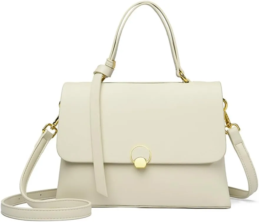 Stylish Top Handle Crossbody Bag for Women - Leather Shoulder Bag Flap Purse - Fashionable Ladies Tote Satchel (White Brown)