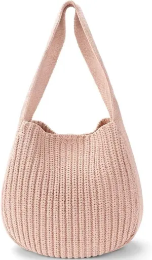 Stylish Womens Crochet Beach Tote Bag - Woven Shoulder Bag for Summer Vacation, Knitted Handbag & Crossbody Purse (Pink)