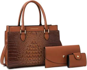 Stylish Womens Crocodile Pattern Top Handle Purse Satchel Set - Leather Tote & Clutch Bag (Brown)