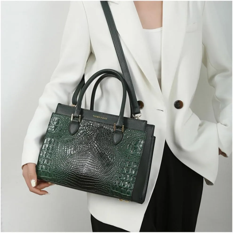 Stylish Womens Crocodile Pattern Top Handle Purse Satchel Set - Leather Tote & Clutch Bag (Brown)