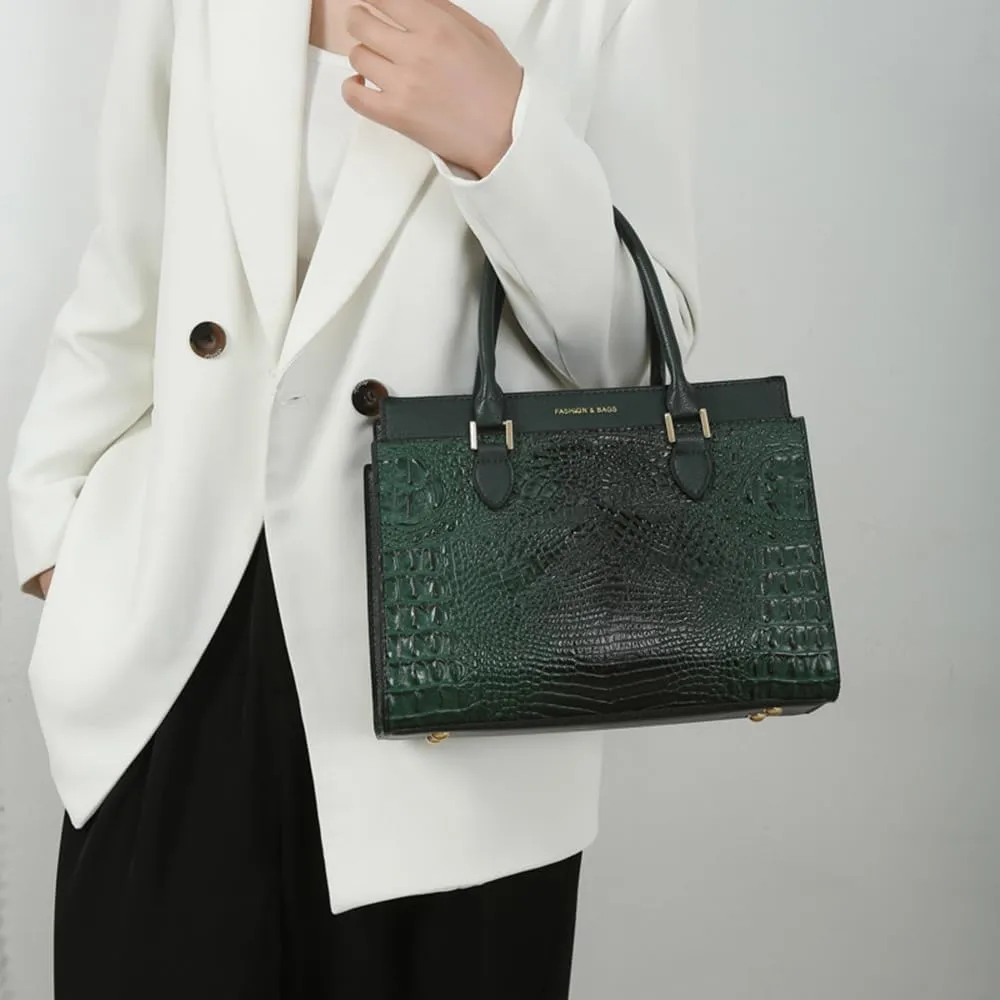 Stylish Womens Crocodile Pattern Top Handle Purse Satchel Set - Leather Tote & Clutch Bag (Brown)