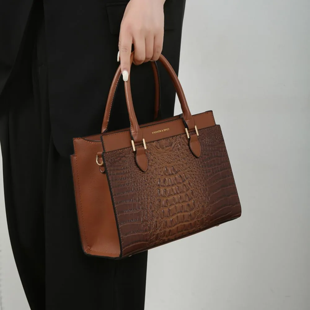 Stylish Womens Crocodile Pattern Top Handle Purse Satchel Set - Leather Tote & Clutch Bag (Brown)