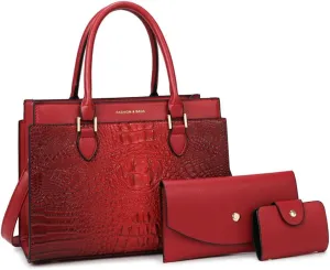 Stylish Womens Crocodile Pattern Top Handle Purse Satchel Set - Leather Tote & Clutch Bag (Brown)