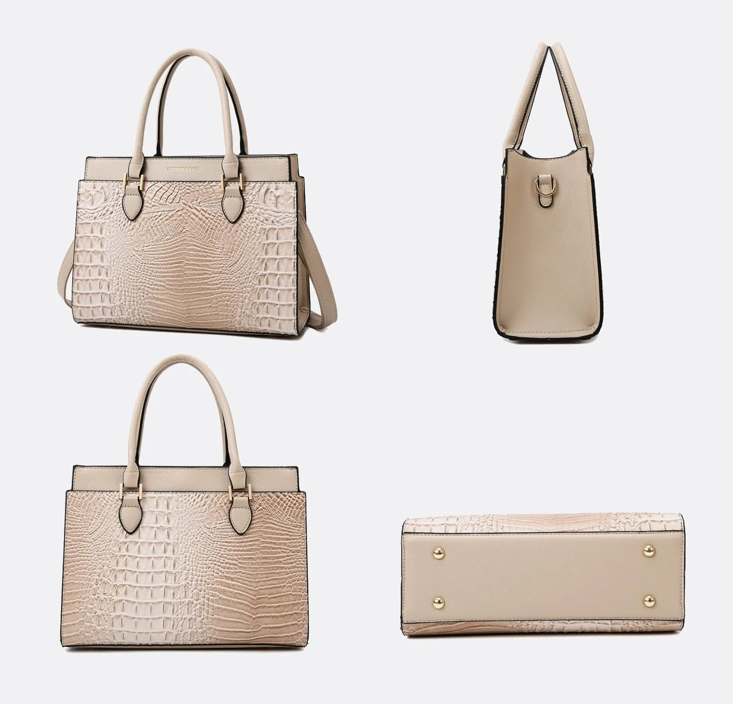 Stylish Womens Crocodile Pattern Top Handle Purse Satchel Set - Leather Tote & Clutch Bag (Brown)