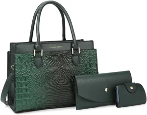 Stylish Womens Crocodile Pattern Top Handle Purse Satchel Set - Leather Tote & Clutch Bag (Brown)