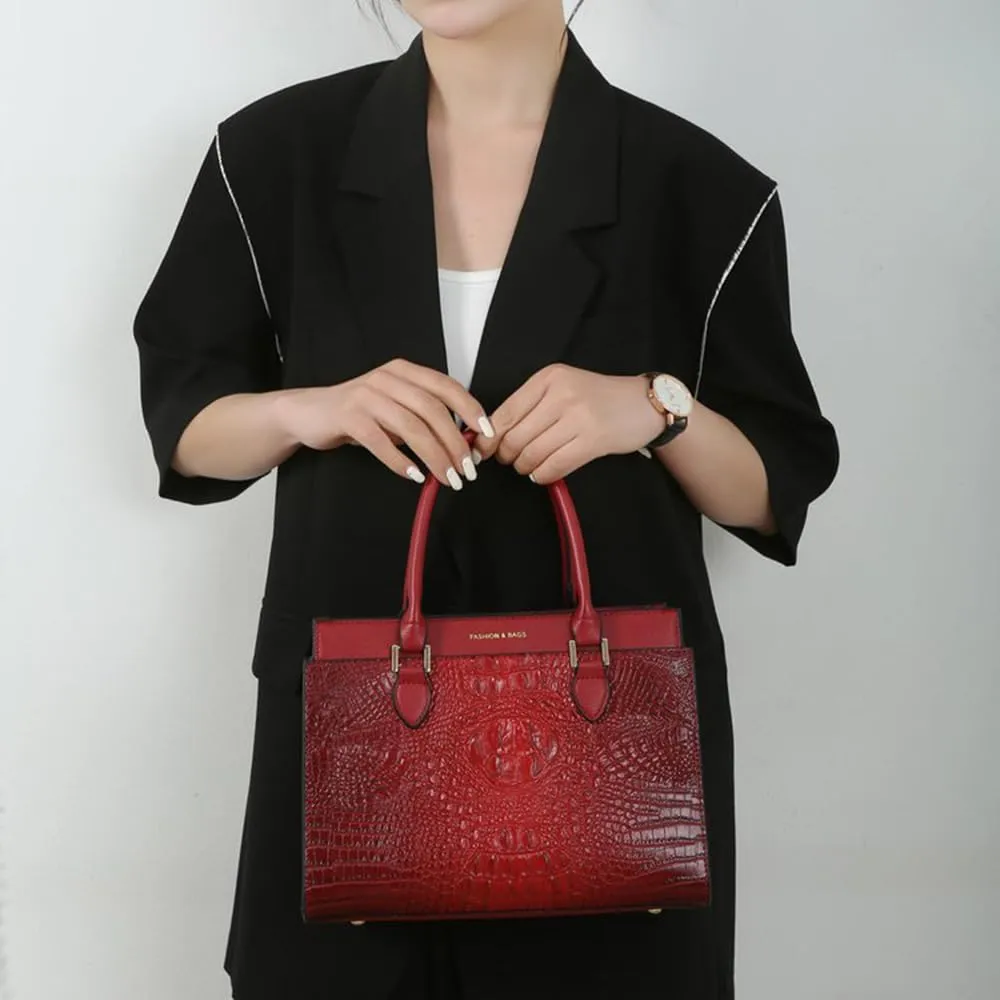 Stylish Womens Crocodile Pattern Top Handle Purse Satchel Set - Leather Tote & Clutch Bag (Brown)