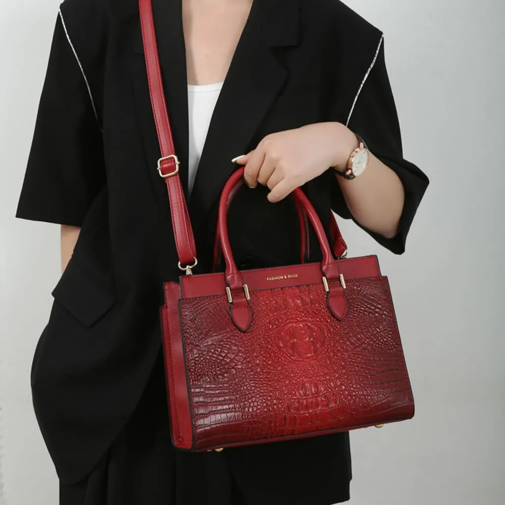 Stylish Womens Crocodile Pattern Top Handle Purse Satchel Set - Leather Tote & Clutch Bag (Brown)