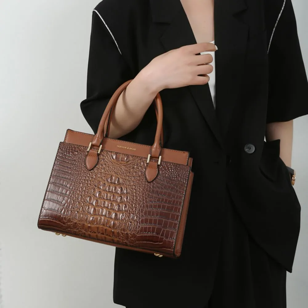 Stylish Womens Crocodile Pattern Top Handle Purse Satchel Set - Leather Tote & Clutch Bag (Brown)
