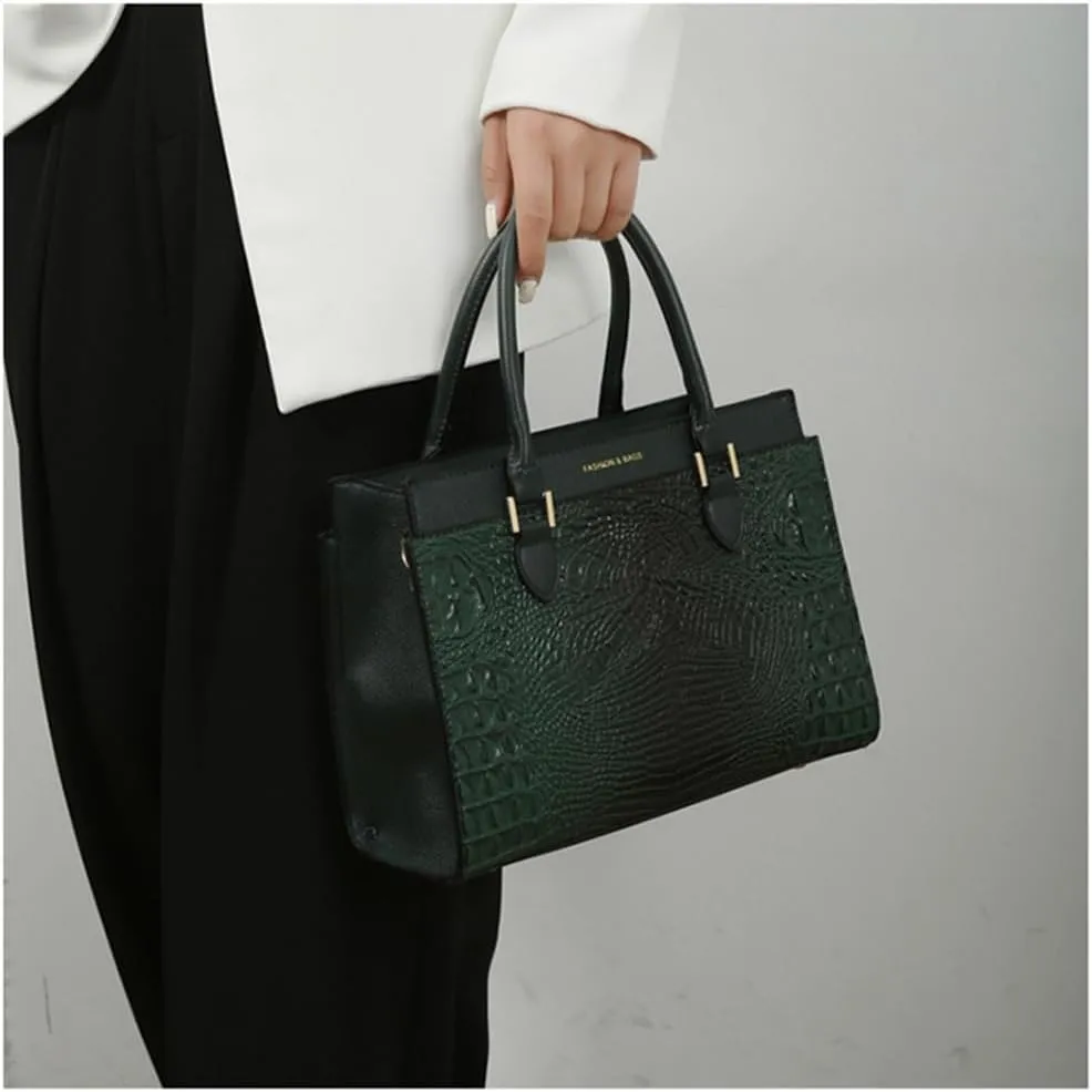 Stylish Womens Crocodile Pattern Top Handle Purse Satchel Set - Leather Tote & Clutch Bag (Brown)