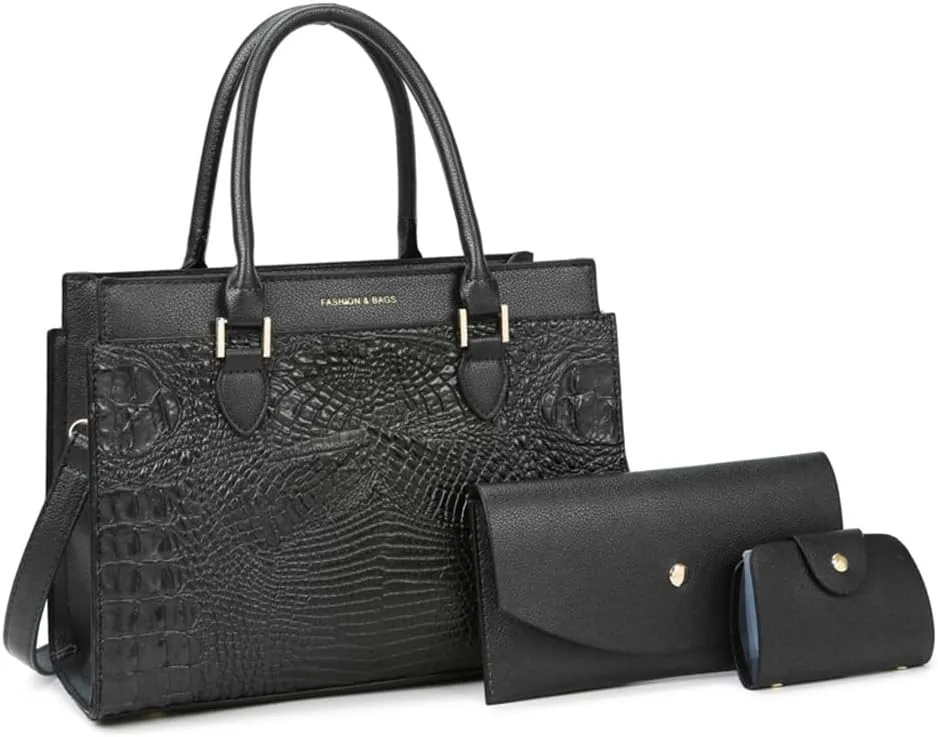 Stylish Womens Crocodile Pattern Top Handle Purse Satchel Set - Leather Tote & Clutch Bag (Brown)