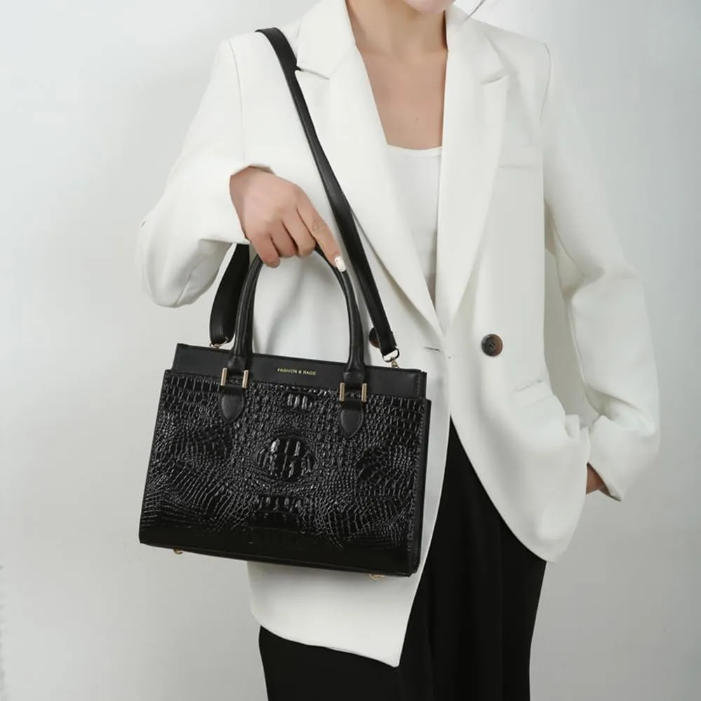 Stylish Womens Crocodile Pattern Top Handle Purse Satchel Set - Leather Tote & Clutch Bag (Brown)