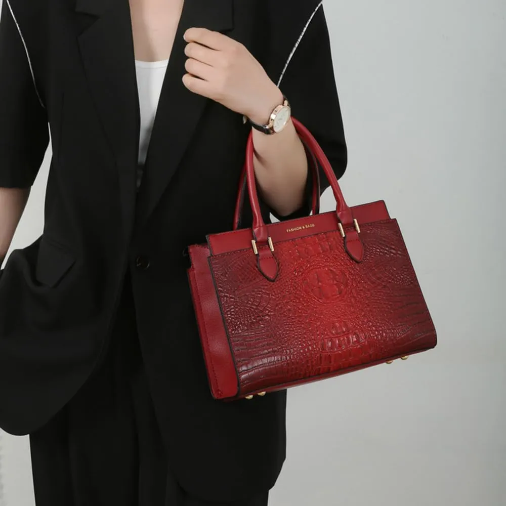 Stylish Womens Crocodile Pattern Top Handle Purse Satchel Set - Leather Tote & Clutch Bag (Brown)