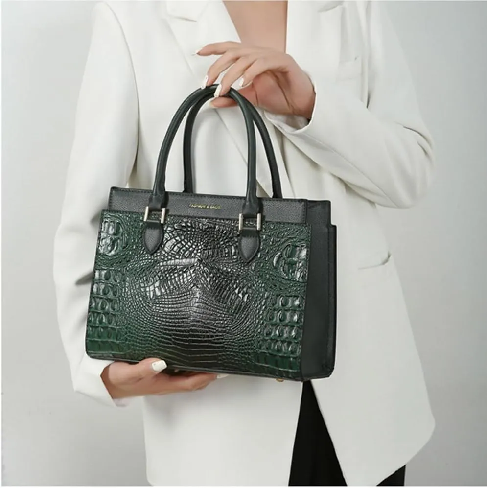 Stylish Womens Crocodile Pattern Top Handle Purse Satchel Set - Leather Tote & Clutch Bag (Brown)