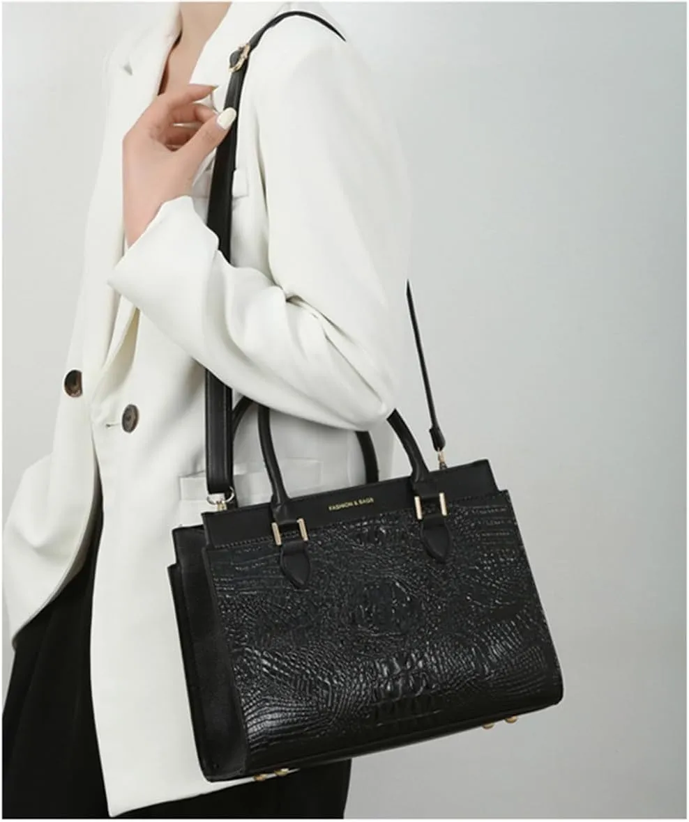 Stylish Womens Crocodile Pattern Top Handle Purse Satchel Set - Leather Tote & Clutch Bag (Brown)