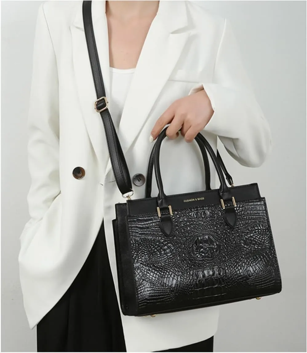 Stylish Womens Crocodile Pattern Top Handle Purse Satchel Set - Leather Tote & Clutch Bag (Brown)