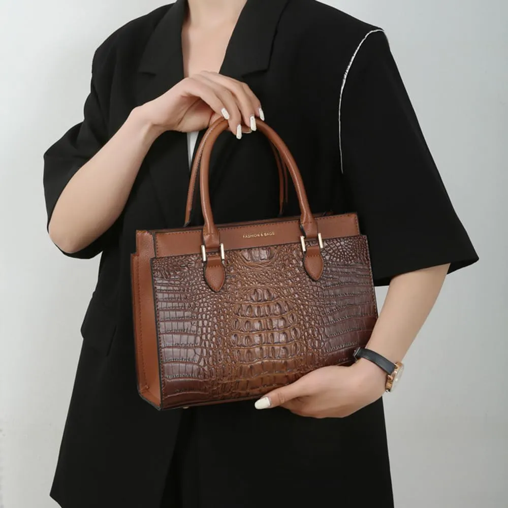 Stylish Womens Crocodile Pattern Top Handle Purse Satchel Set - Leather Tote & Clutch Bag (Brown)