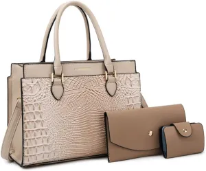 Stylish Womens Crocodile Pattern Top Handle Purse Satchel Set - Leather Tote & Clutch Bag (Brown)
