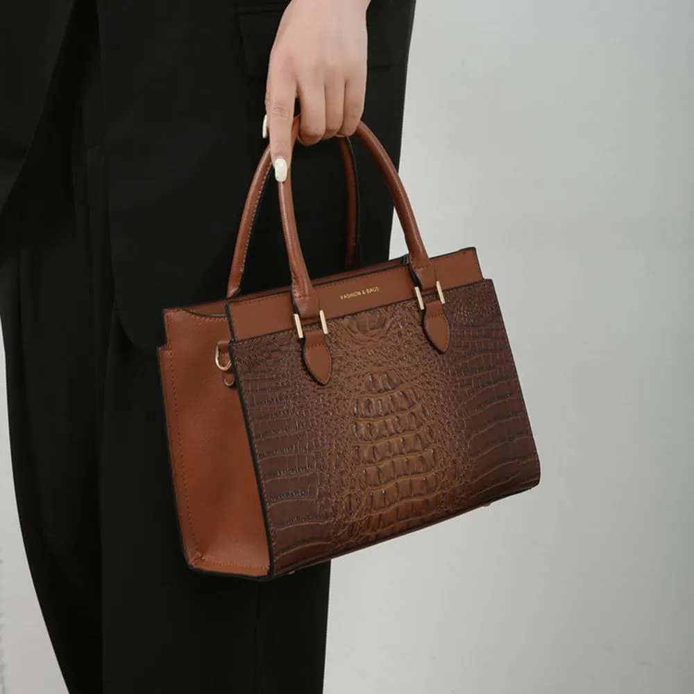 Stylish Womens Crocodile Pattern Top Handle Purse Satchel Set - Leather Tote & Clutch Bag (Brown)