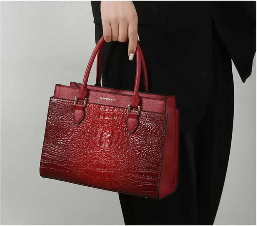 Stylish Womens Crocodile Pattern Top Handle Purse Satchel Set - Leather Tote & Clutch Bag (Brown)