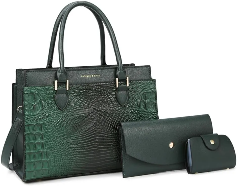 Stylish Womens Crocodile Pattern Top Handle Purse Satchel Set - Leather Tote & Clutch Bag (Brown)