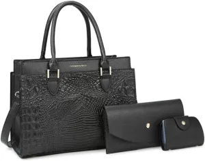 Stylish Womens Crocodile Pattern Top Handle Purse Satchel Set - Leather Tote & Clutch Bag (Brown)