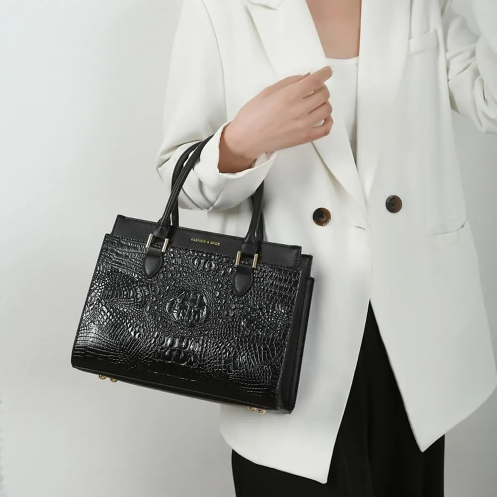 Stylish Womens Crocodile Pattern Top Handle Purse Satchel Set - Leather Tote & Clutch Bag (Brown)