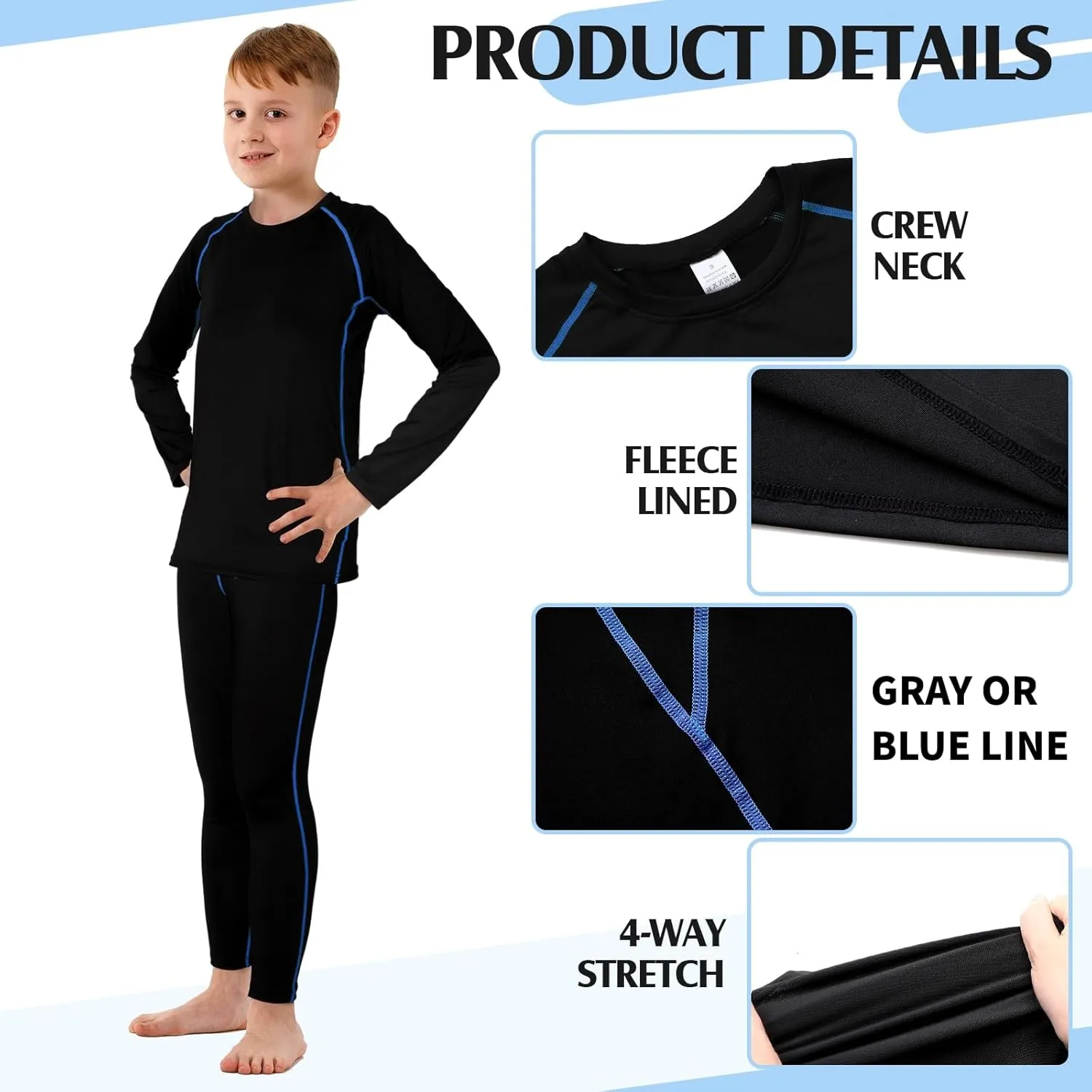 Suhine 3 Sets Youth Boys Girls Thermal Underwear Set Compression Fleece Lined Athletic Base Layer Long Sleeve Undershirt