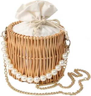 Summer Straw Bag with Drawstring Closure Rattan Tote Bag Stylish Bucket Bag Beach Holiday Shoulder Bag for Daily Matching