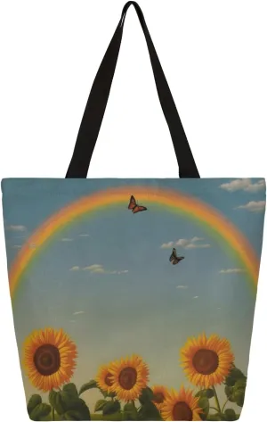 Sunflower Field Butterflies Large Capacity Canvas Tote Bag Stylish Handheld Shoulder Bag Reusable Shopping Bag for Work Travel Beach Trips Shopping