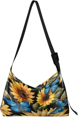 Sunflowers Butterflies Shoulder Bag for Women Waterproof PU Leather Hobo Bags Crossbody Purse with Zipper Closure