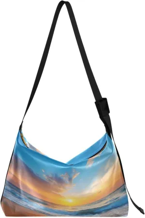 Sunset on Beach Shoulder Bag for Women Waterproof PU Leather Hobo Bags Crossbody Purse with Zipper Closure