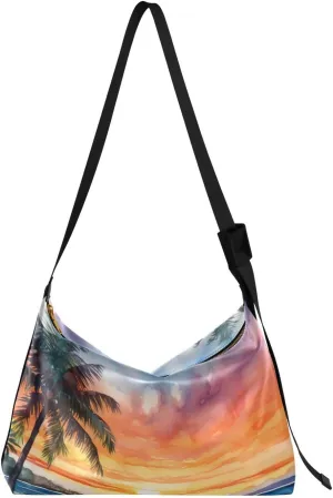 Sunset Palm Tree Shoulder Bag for Women Waterproof PU Leather Hobo Bags Crossbody Purse with Zipper Closure