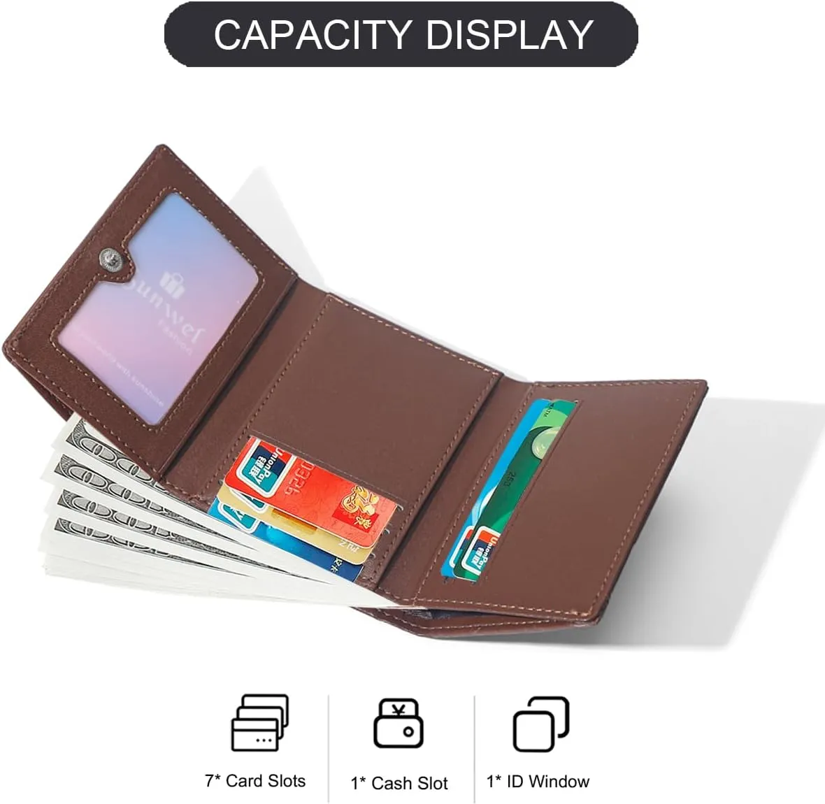 Sunwel Fashion Women Mini Textured Wallet Compact Folding Wallet with Card Slots & ID Window (COFFEE)