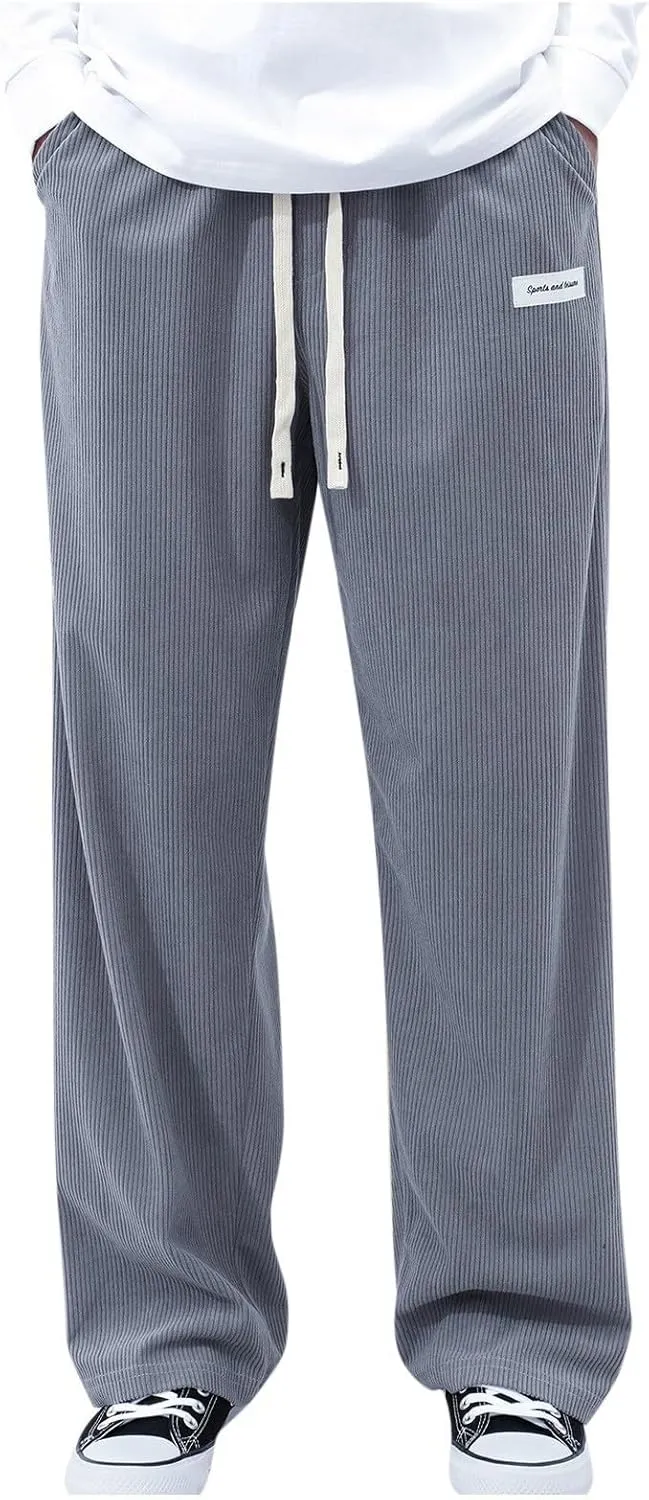 SUWBMHWE Corduroy Pants for Men Corduroy Baggy Wide Leg Joggers Pants Casual Cargo Pants Elastic Waist Sweatpants
