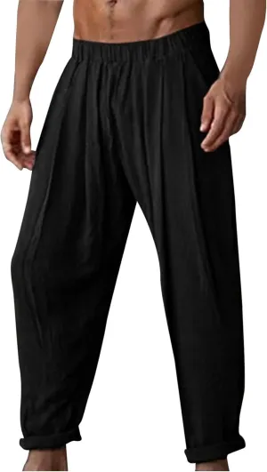 Sweatpants for Men 2024 Summer Trendy Cotton Linen Trousers Elastic Waist Sports Pants Straight Leg Pants with Pokets