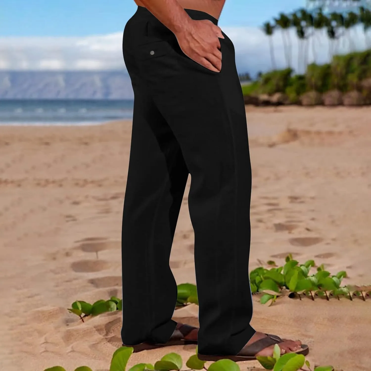 Sweatpants for Men 2024 Trendy Cotton Linen Casual Pants Straight Wide Leg Sweatpants Elastic Waist Drawstring Trouser