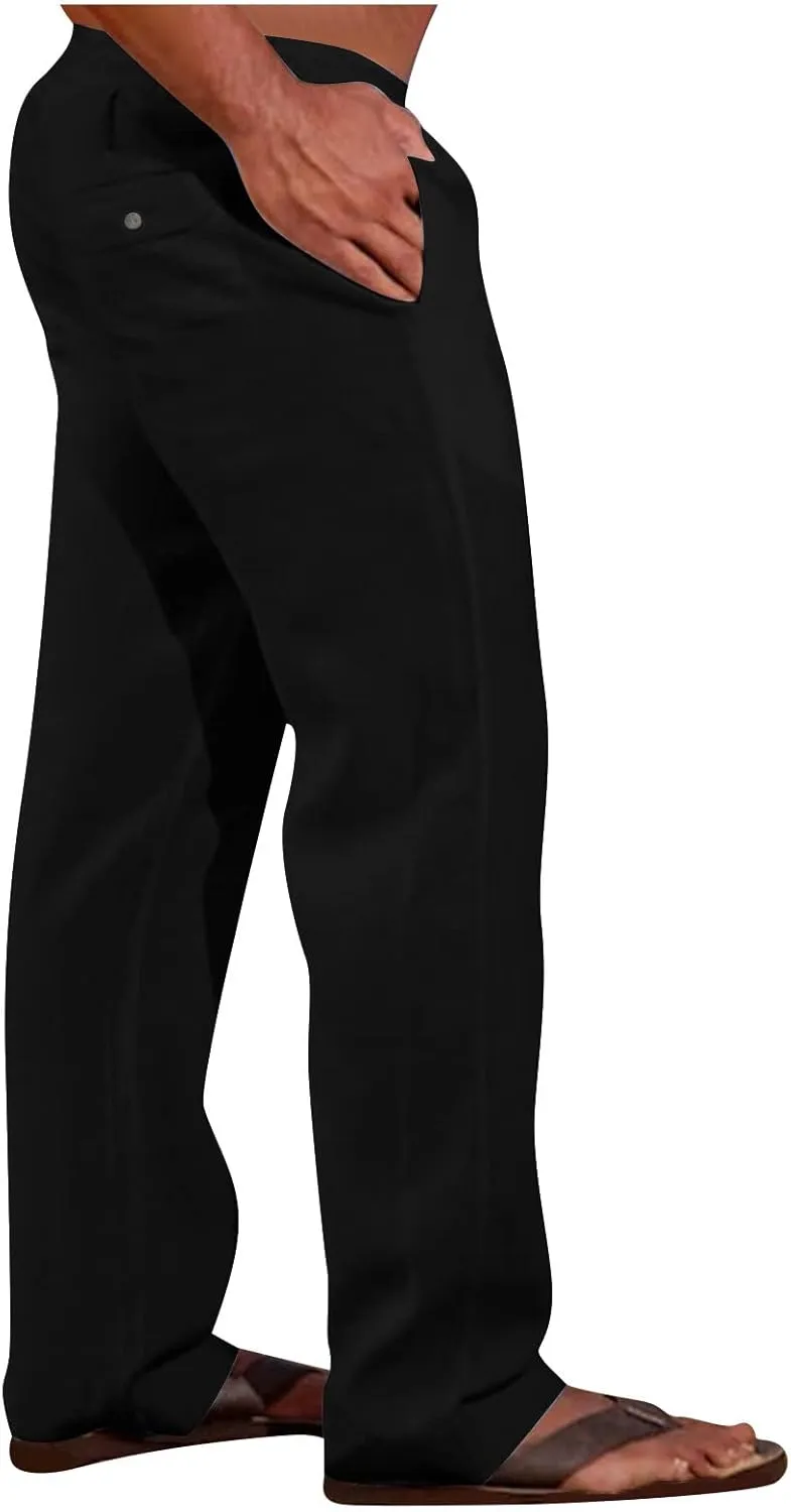 Sweatpants for Men 2024 Trendy Cotton Linen Casual Pants Straight Wide Leg Sweatpants Elastic Waist Drawstring Trouser