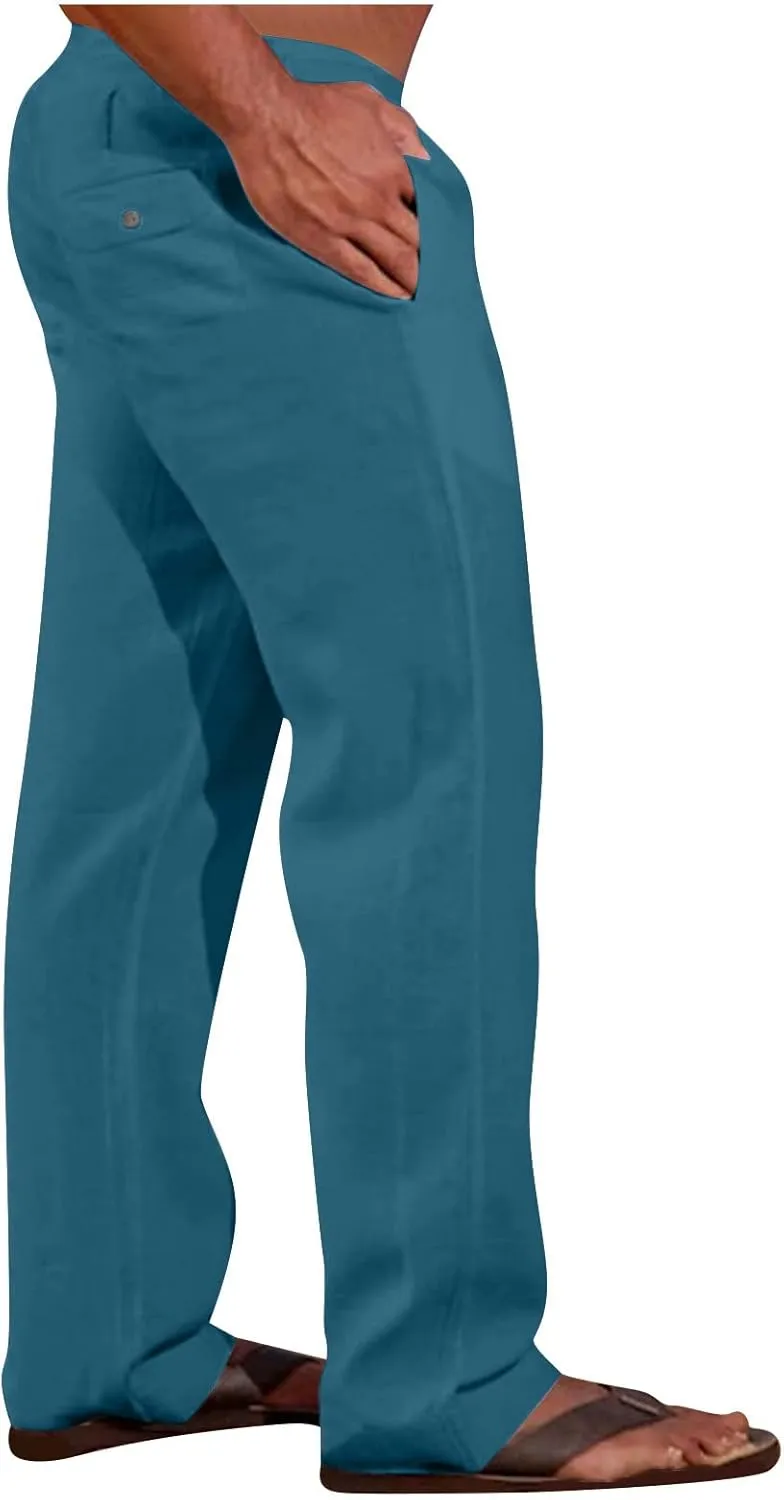 Sweatpants for Men 2024 Trendy Cotton Linen Casual Pants Straight Wide Leg Sweatpants Elastic Waist Drawstring Trouser