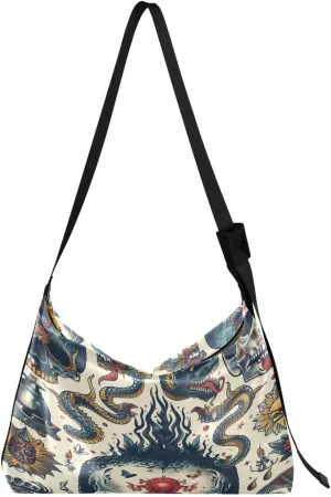 Tattoo Pattern Shoulder Bag for Women Waterproof PU Leather Hobo Bags Crossbody Purse with Zipper Closure