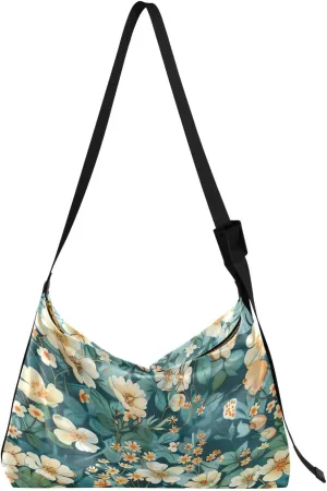 Teal Floral Pattern Shoulder Bag for Women Waterproof PU Leather Hobo Bags Crossbody Purse with Zipper Closure