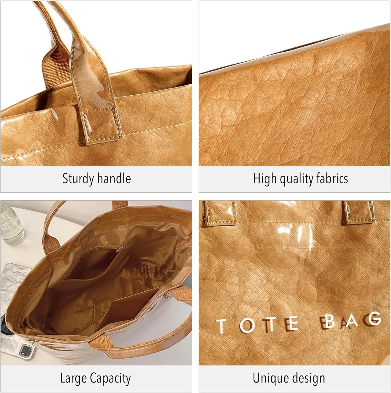 Tote Bag for Women - PVC Letter Handbag, Large Kraft Paper Top Handle Hobo Bag